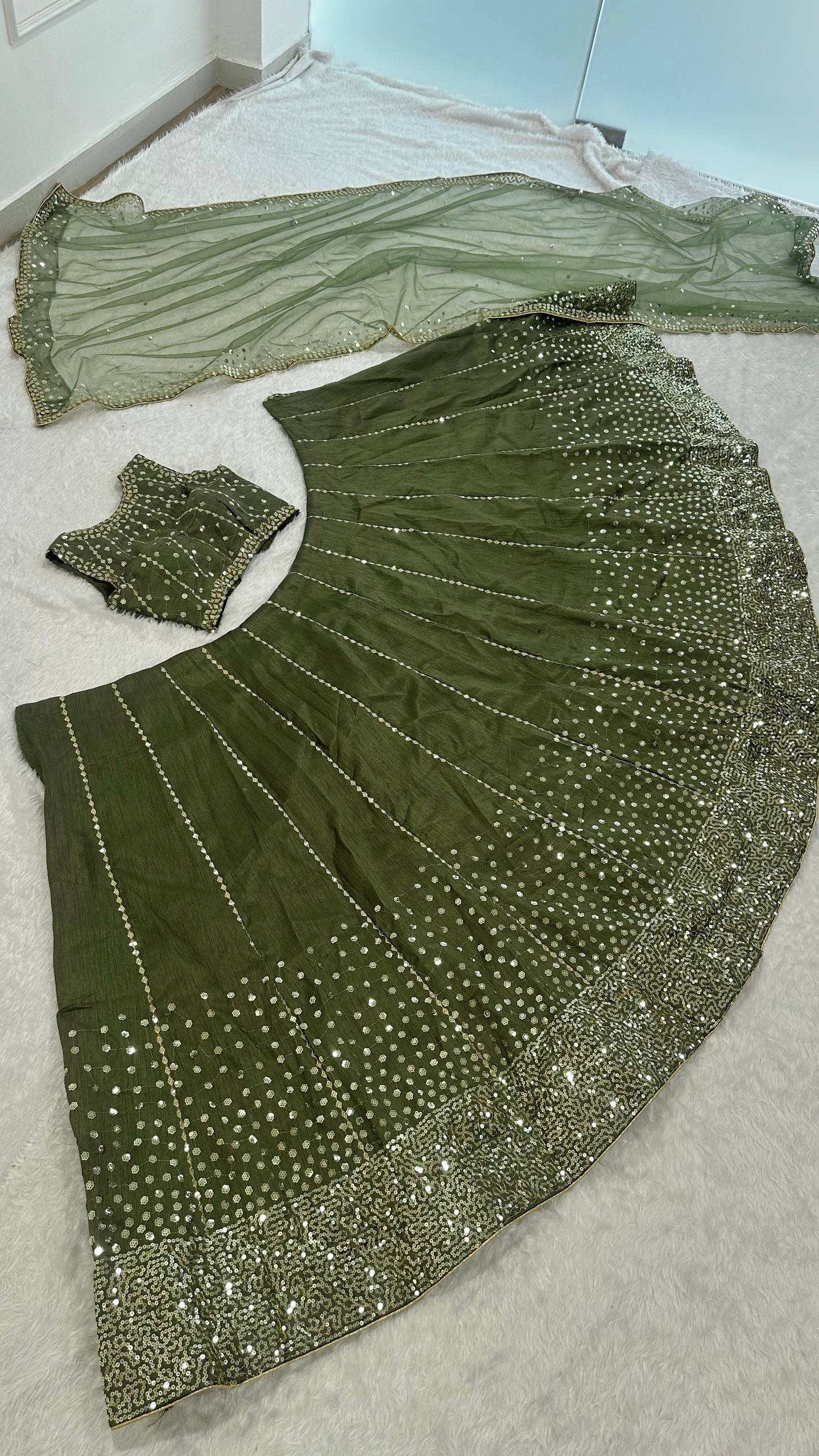 Wedding Wear Green Color Thai Silk Sequins Work Lehenga Choli Set