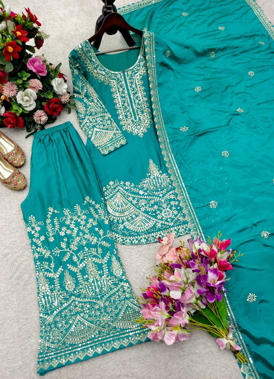 Pretty Green Color Chinon Silk Sequence Embroidered Work Palazzo Suit