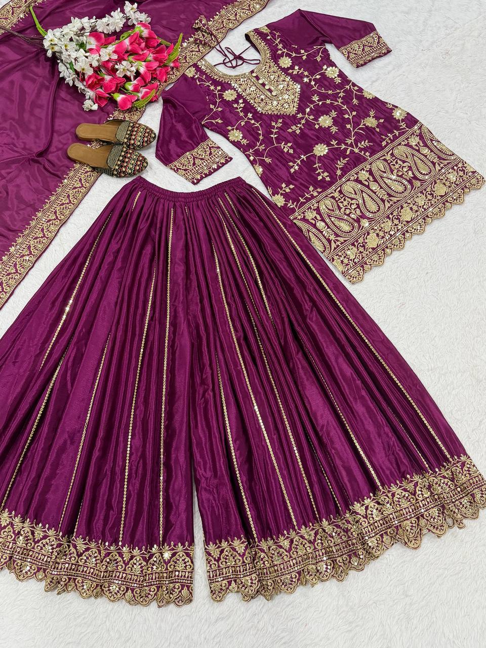 Attractive Purple Color Heavy Chinon Silk Embroidered Palazzo Suit