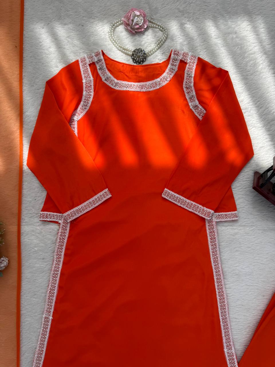 Classic Orange Color Natural Crepe Beads Work Palazzo Suit