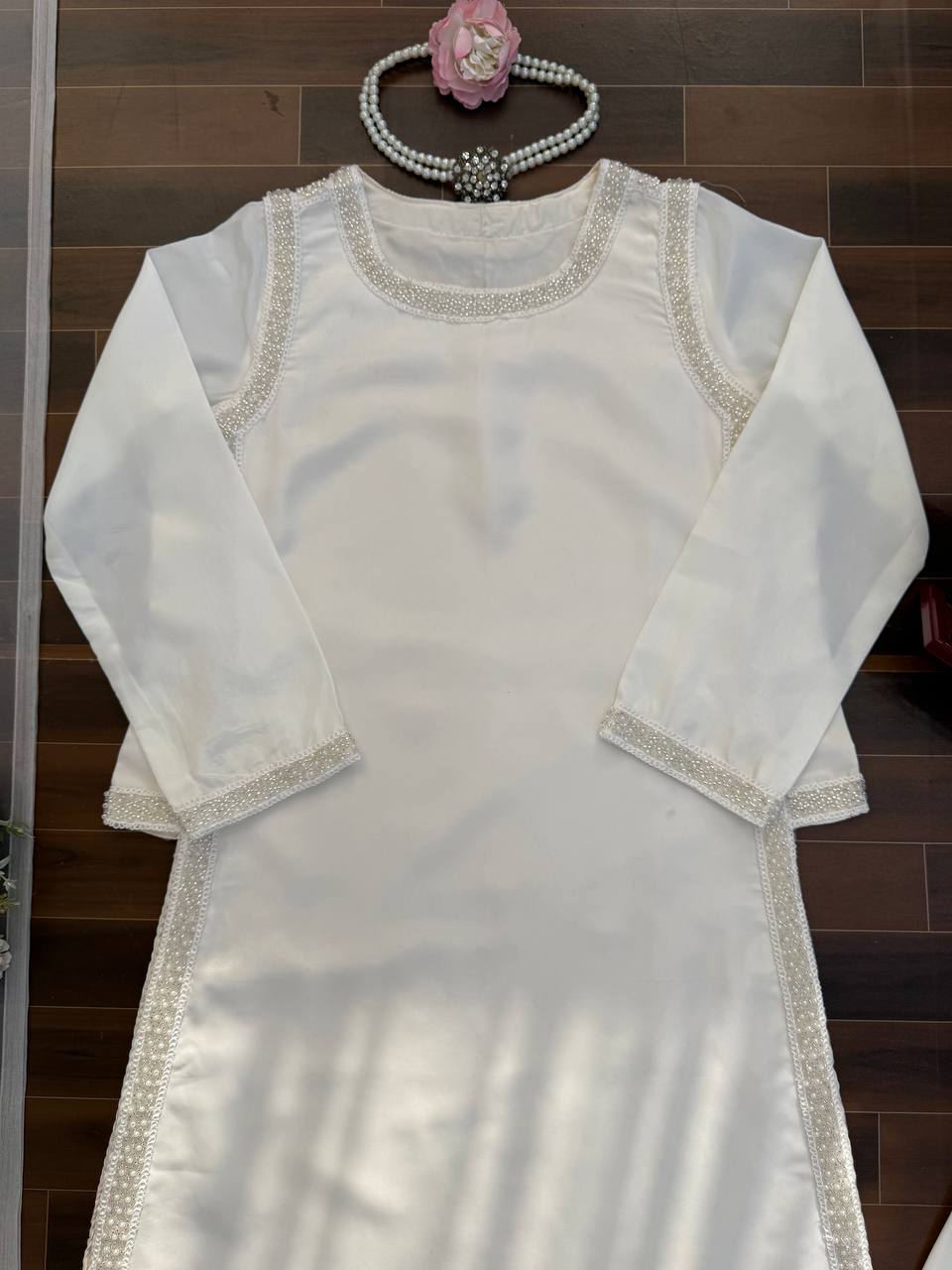 Glimmering White Color Natural Crepe Beads Work Palazzo Suit