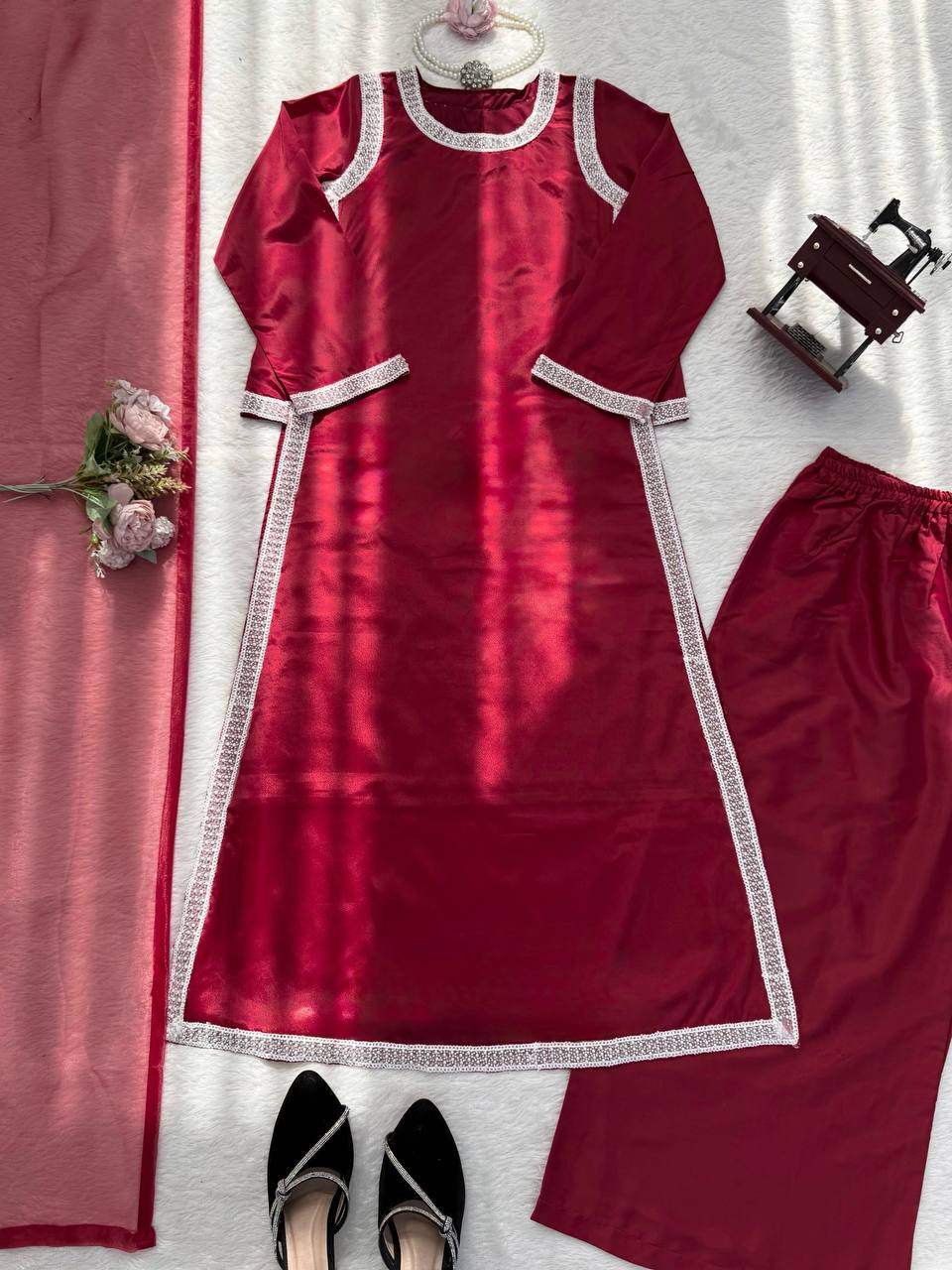 Preferable Maroon Color Natural Crepe Beads Work Palazzo Suit