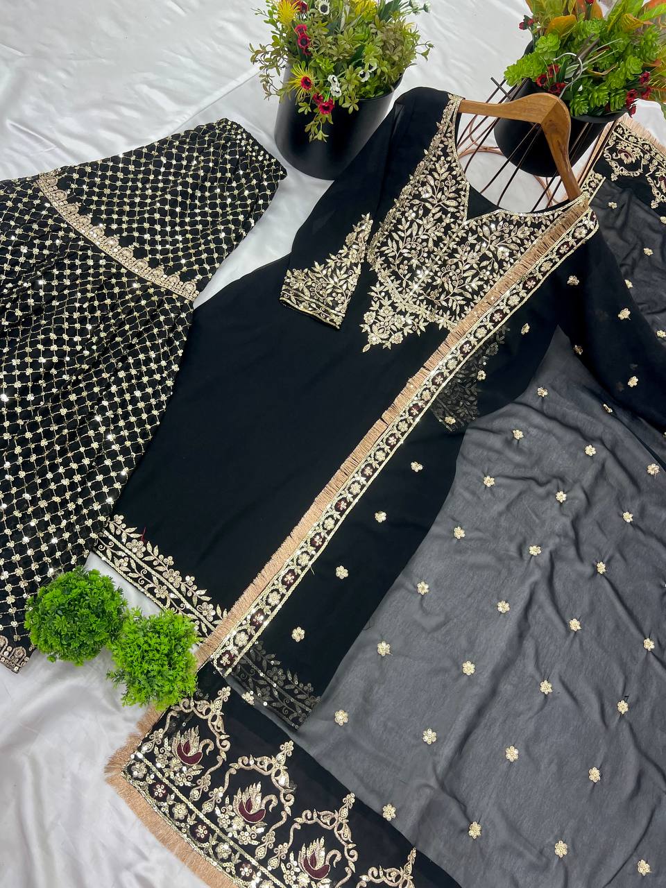 Celebrity Style Black Color Heavy Faux Georgette With Embroidery Sequence Work Sharara Suit