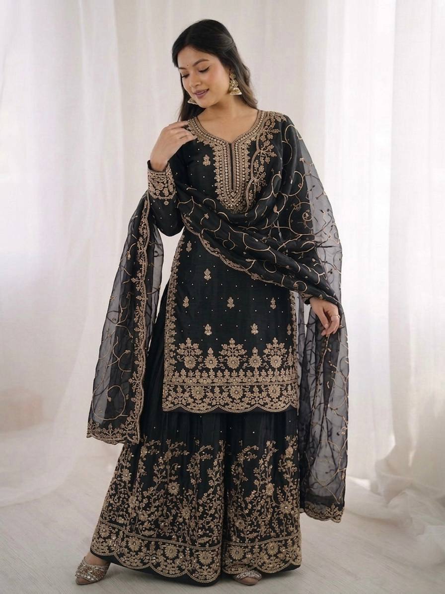 Arti Chauhan Wear Black Color Embroidery Sequence Work Palazzo Suit