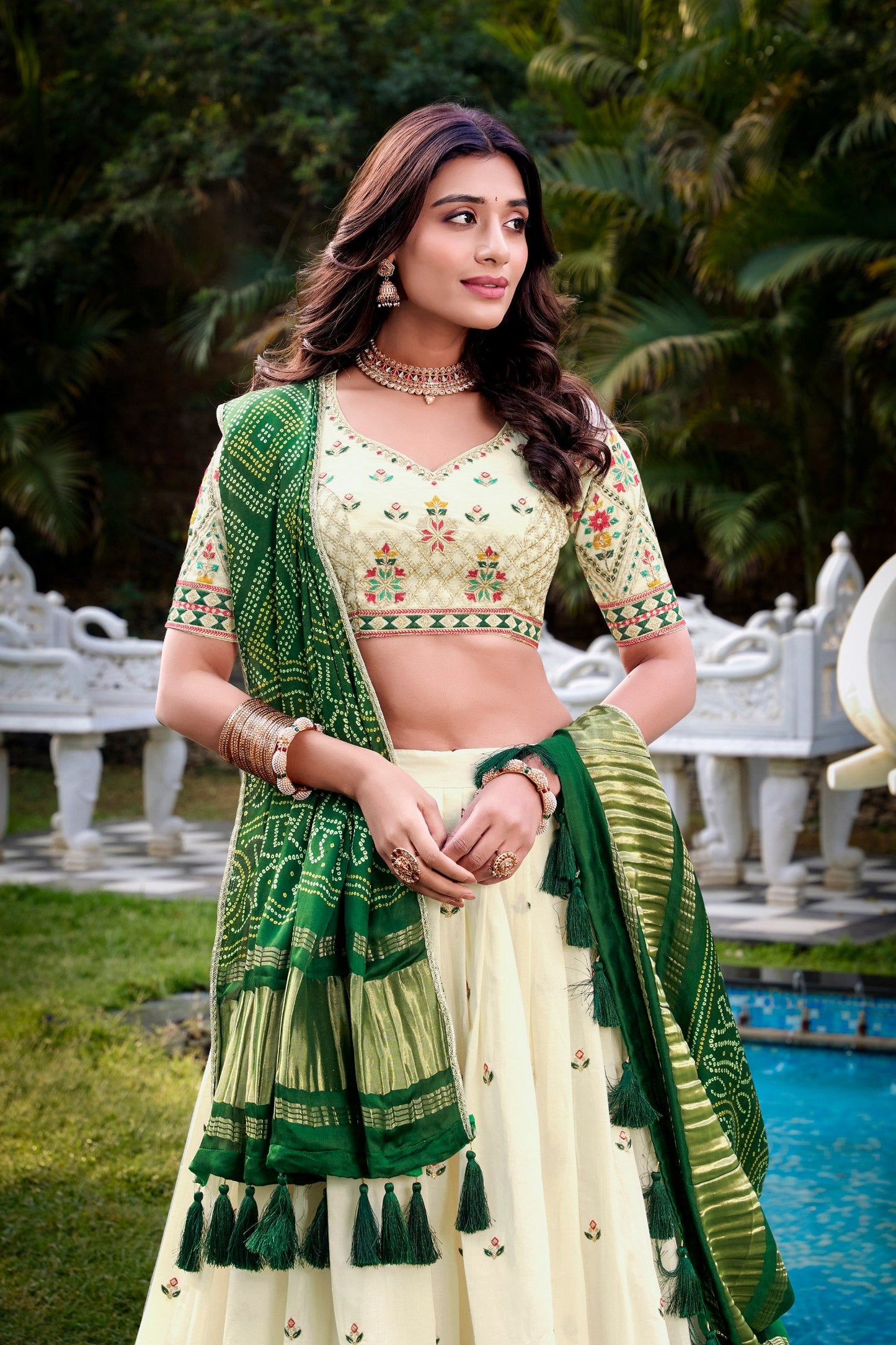 Wedding Wear Green Color Khadi Cotton Lehenga Set With Gaji Silk Dupatta