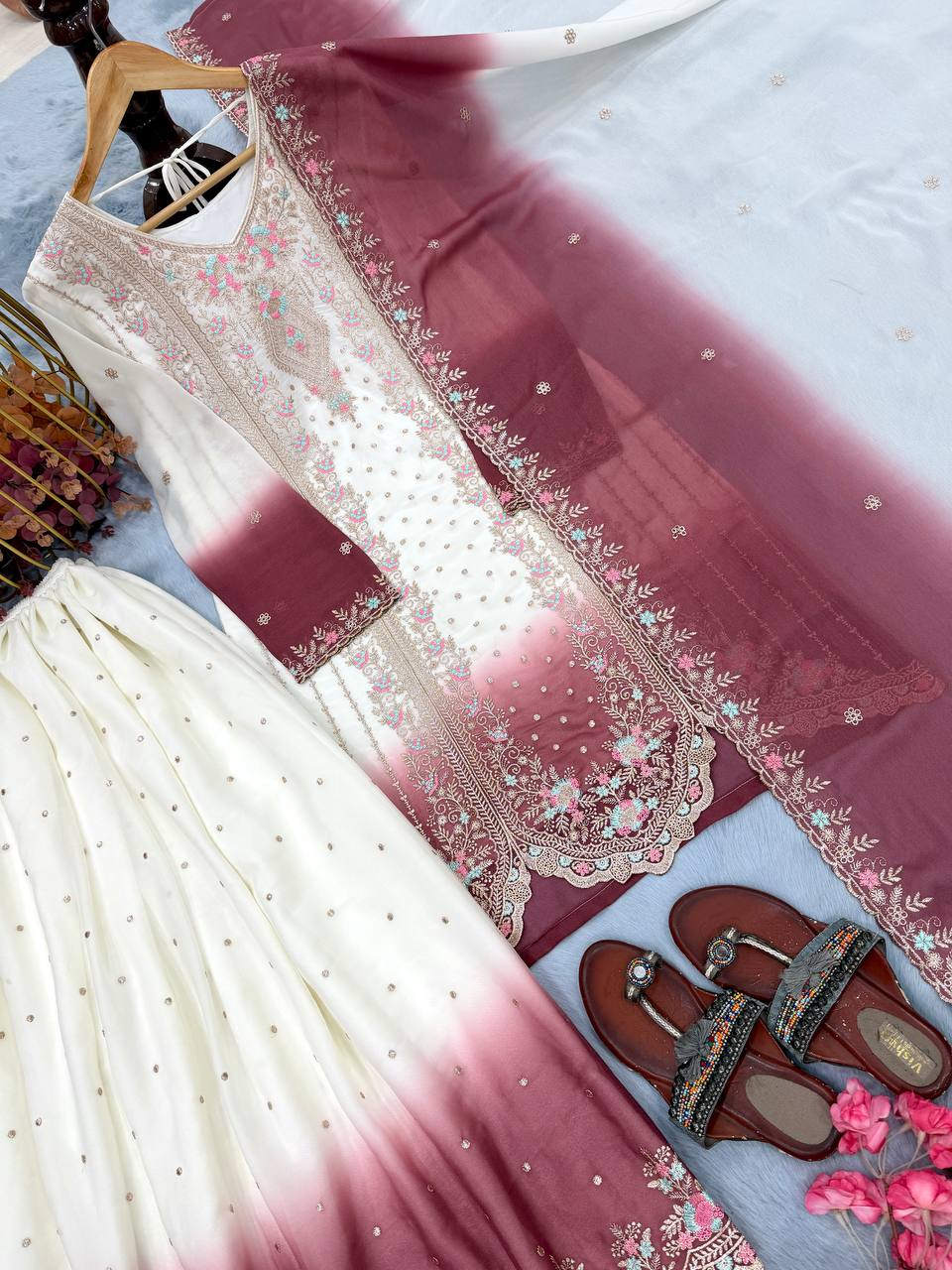 Peaceful Pink Color Embroidered Thread Work Palazzo Suit With Dupatta