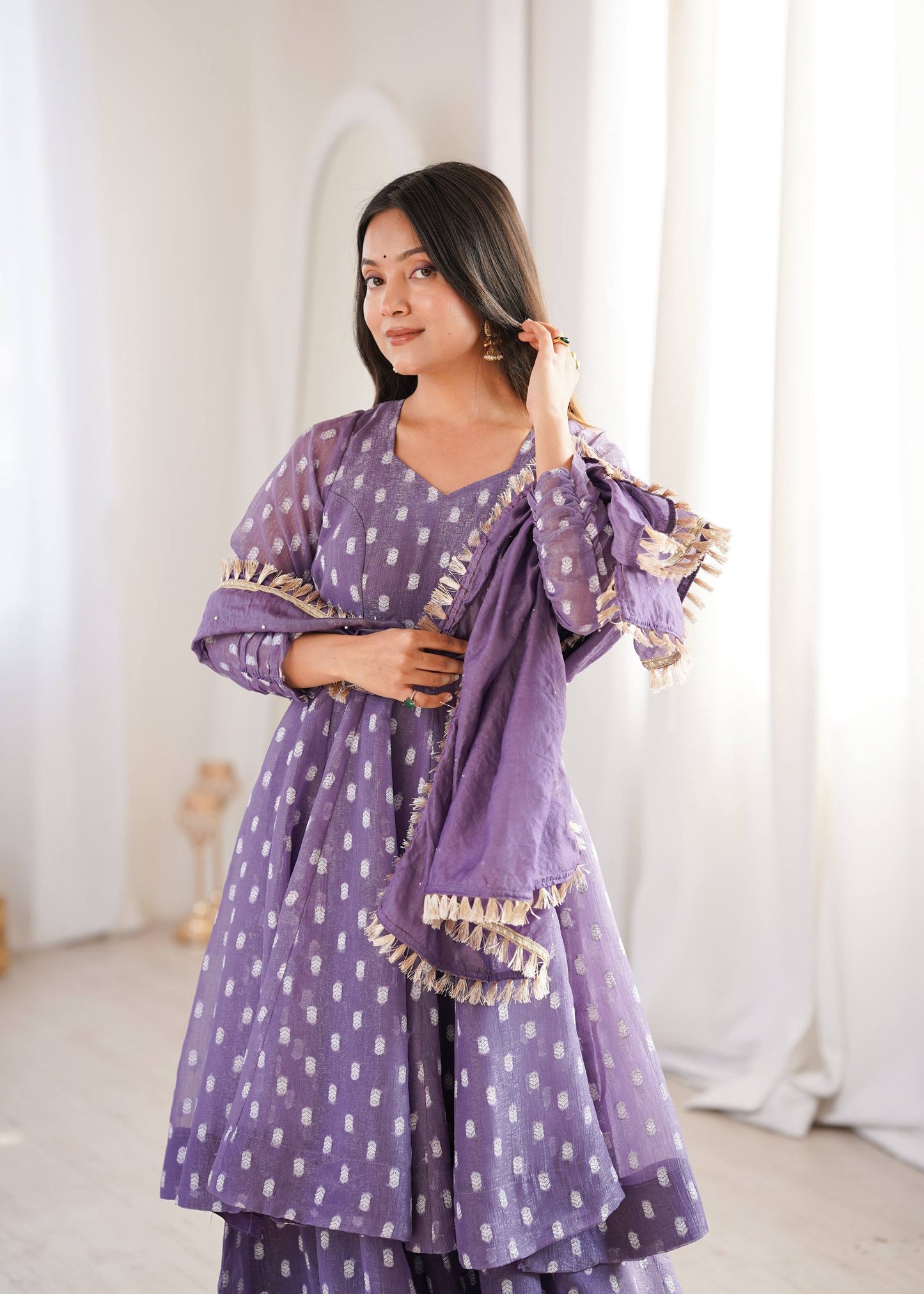 Elegant Purple Color Heavy Crunchy Silk Jacquard Butti Work Sharara Suit