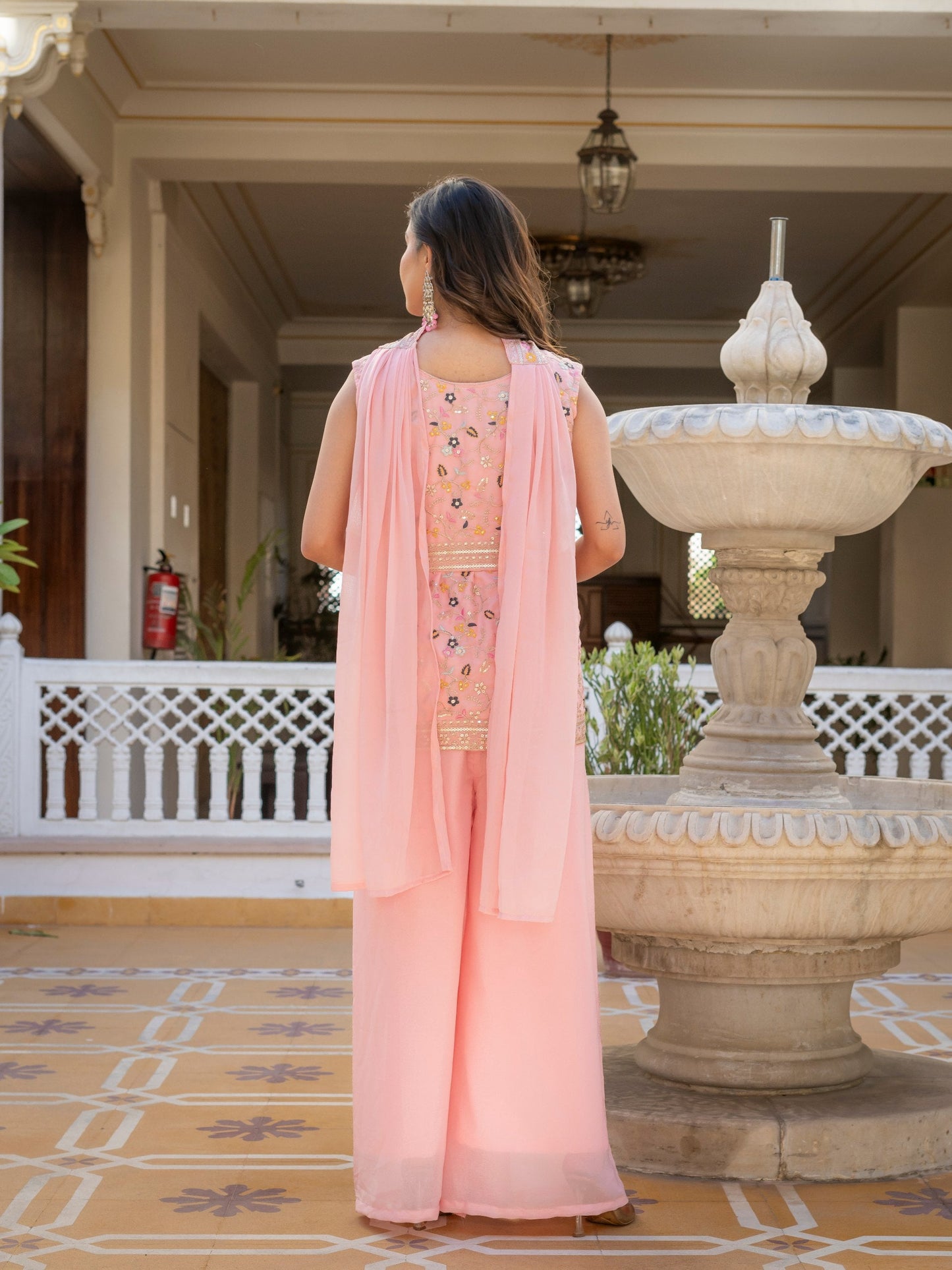 Classic Pink Color Star Georgette Embroidered Palazzo Suit