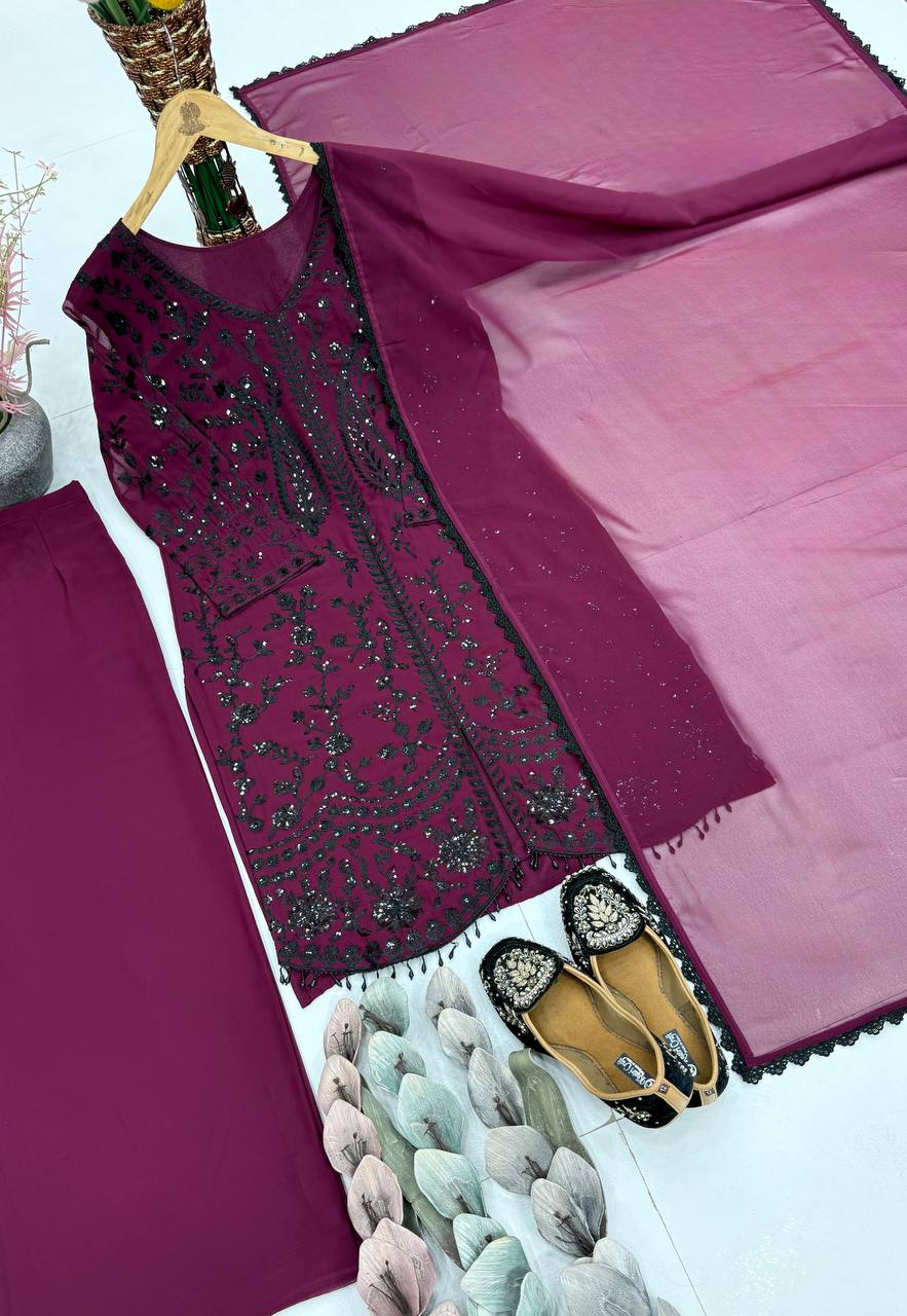 Outstanding Maroon Color Heavy Faux Georgette Sequence Palazzo Suit