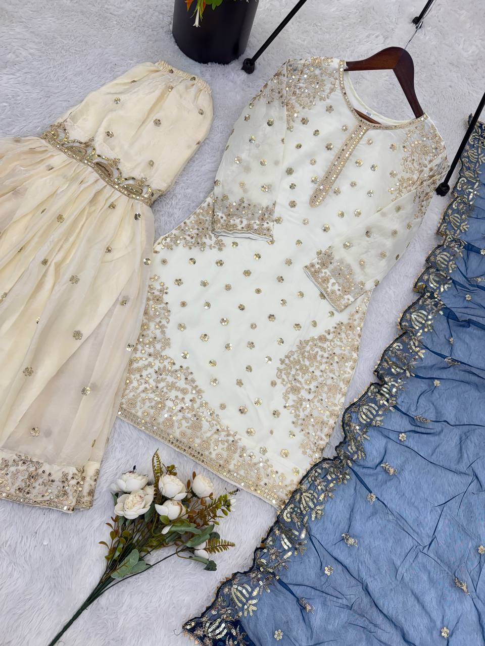 Elegant Fendy Silk Full Sleeves Sharara Suit With Navy Dupatta
