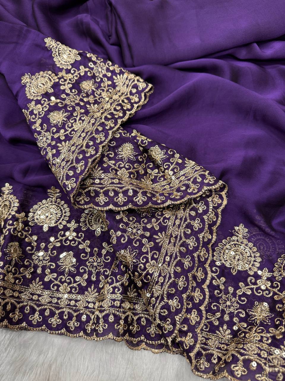 Madhuri Dixit Wear Purple Color Soft Rangoli Silk Sequence Embroidered Saree With Blouse
