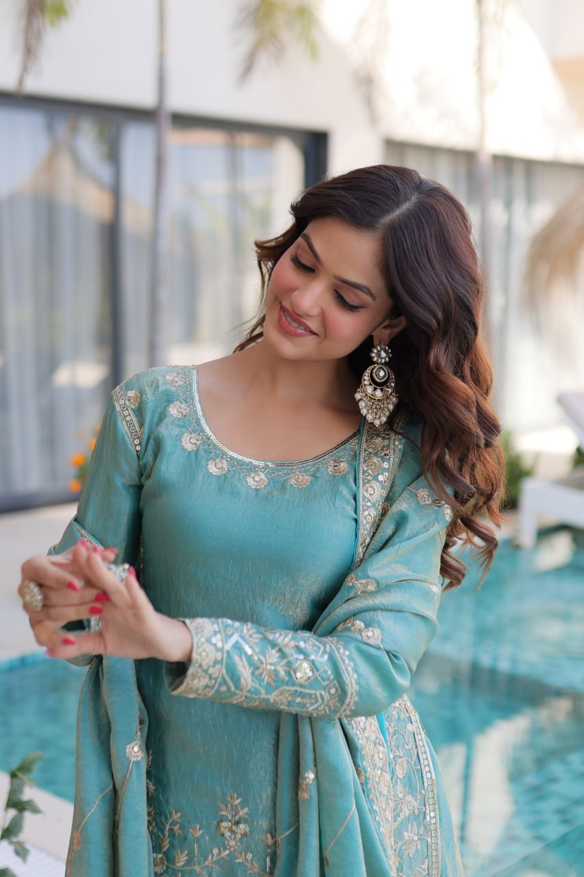 Attractive Light Blue Color Embroidered Sharara Suit Set