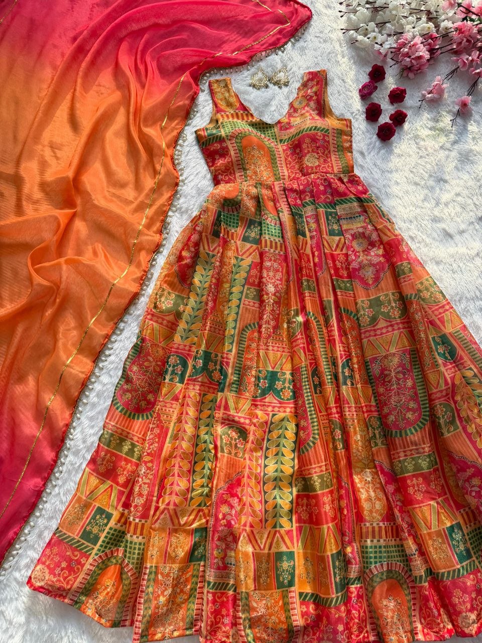 Attractive Yellow Color Digital Printed Jimmy Organza Silk Anarkali Gown