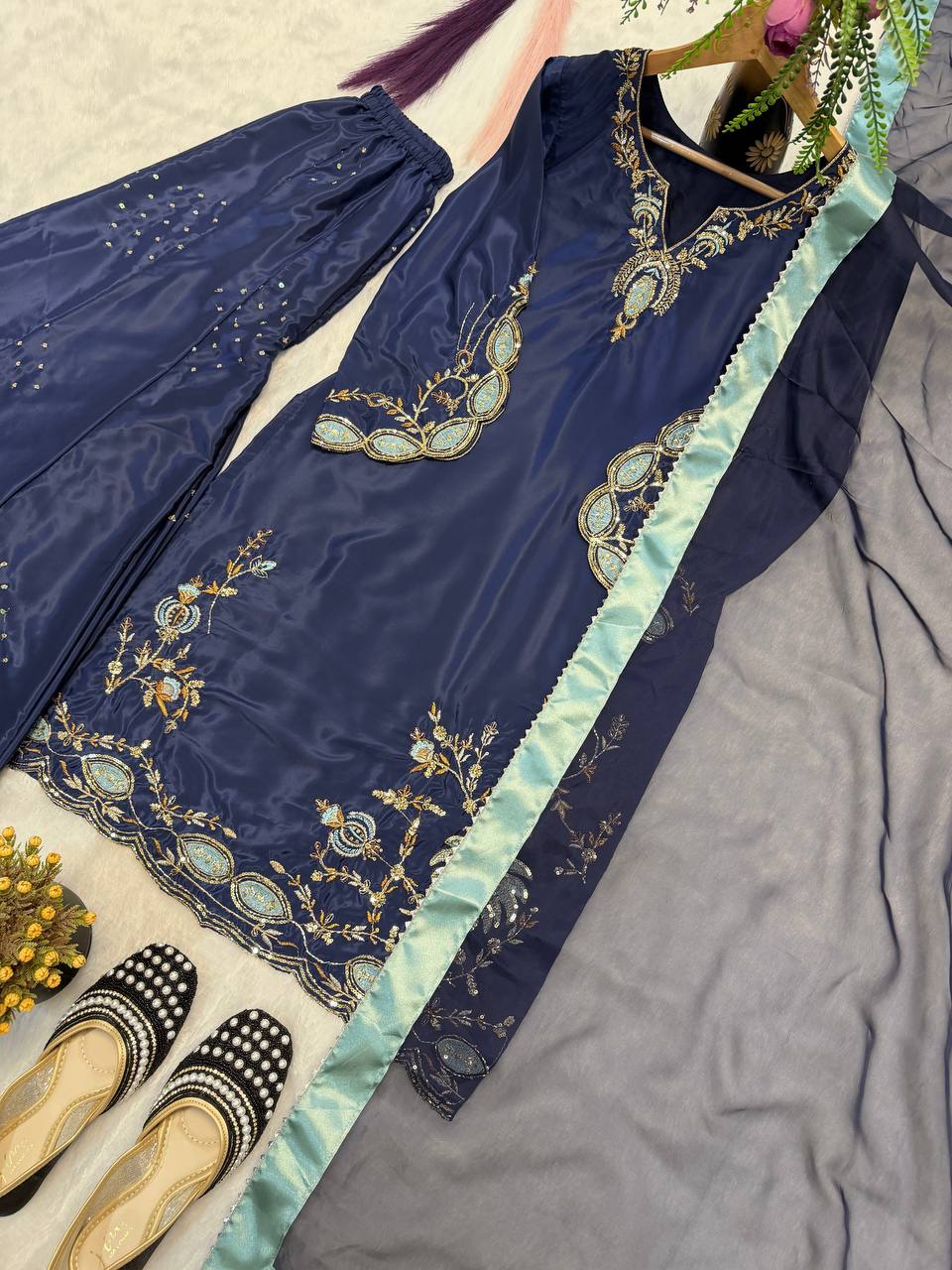 Impossing Navy Blue Color Sequence Embroidered Sharara Suit With Dupatta