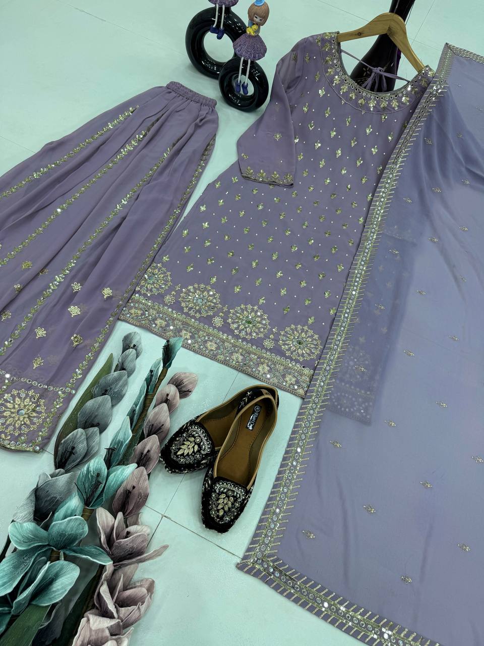 Party Wear Grey Color Heavy Faux Georgette With Embroidery Sequences Work Designer Palazzo Suit