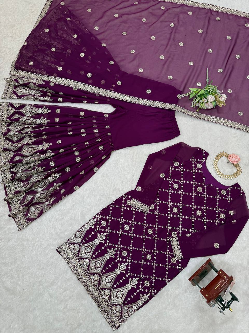 Party Wear Purple Color Faux Georgette And Thread With Sequence Work Sharara Suit