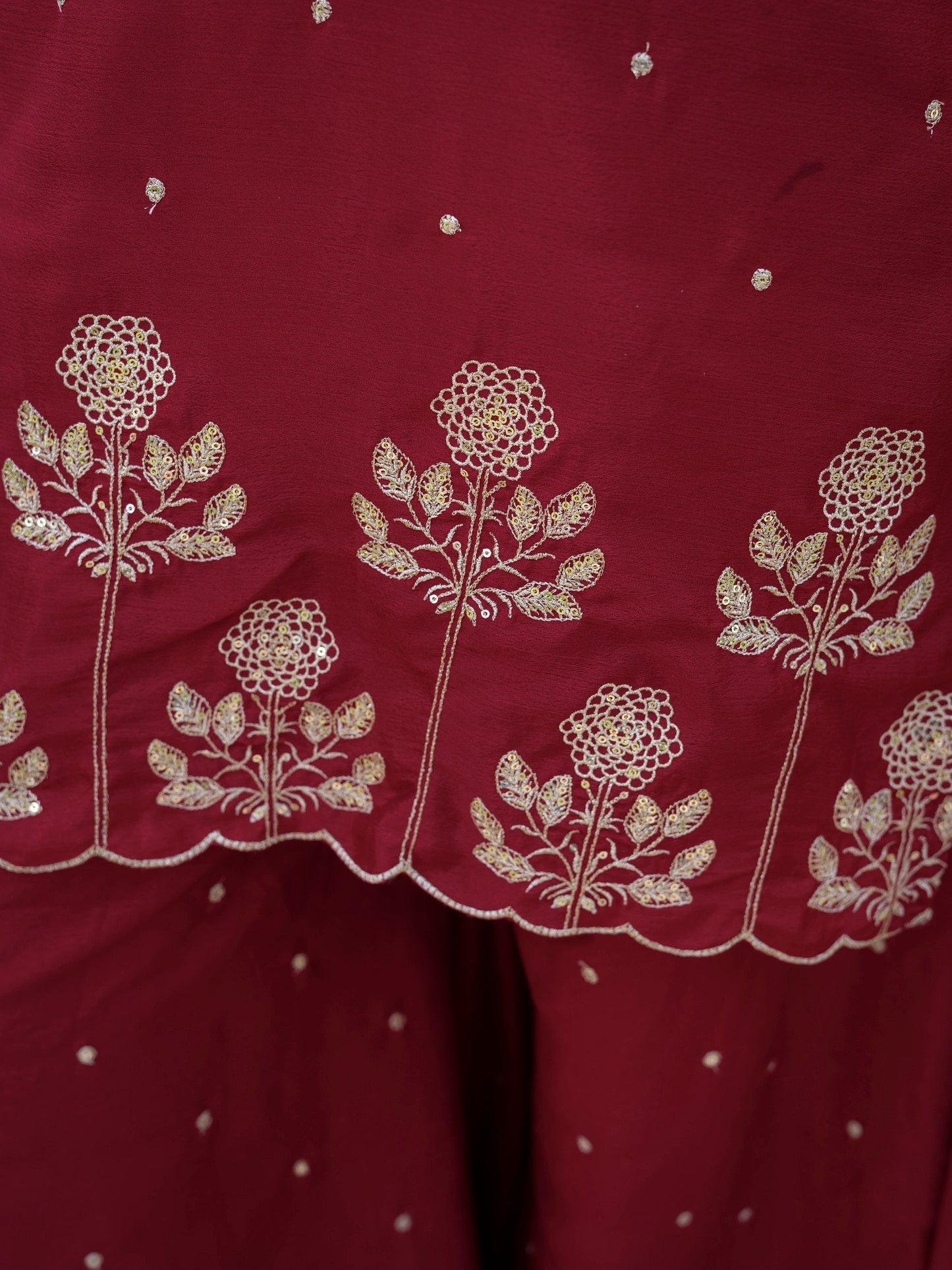 Ceremony Wear Maroon Color Chinnon Embroidered Palazzo Suit