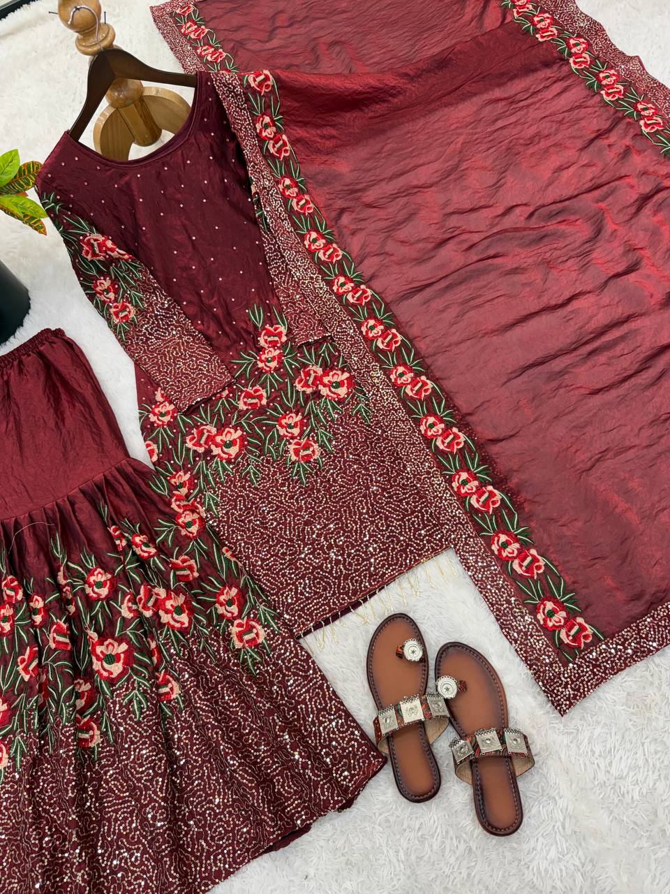 Mesmerizing Maroon Color Heavy Embroidered Sequence Work Sharara Suit