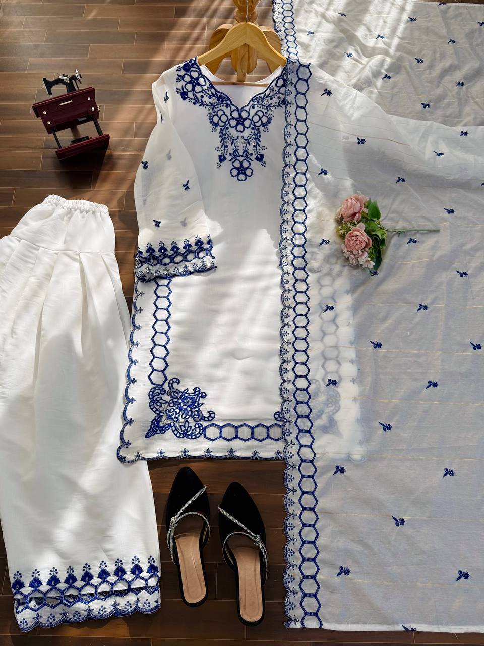 Shining Blue White Color Mull Chanderi Sequence Work Salwar Suit