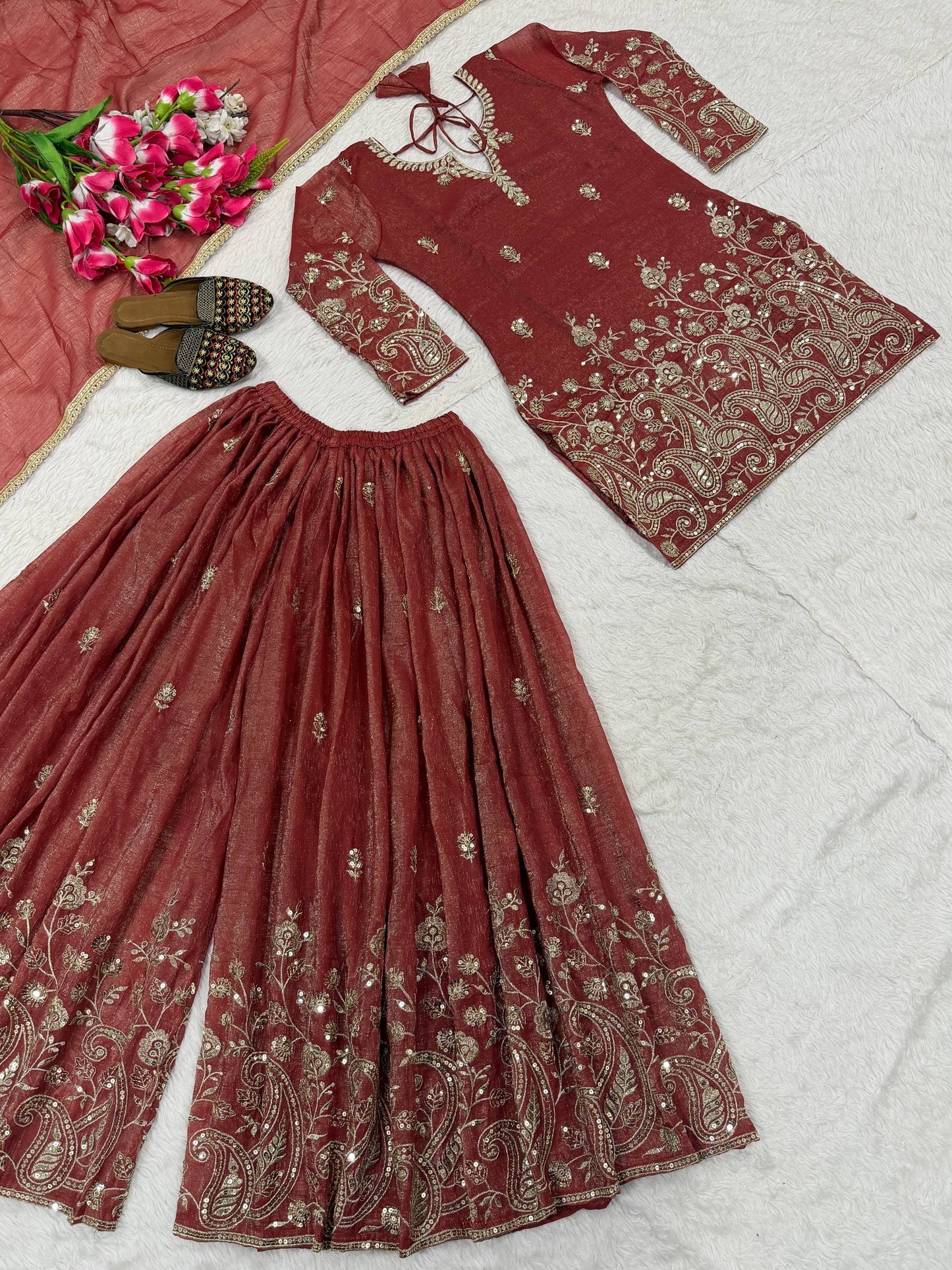 Designer Orange Color Heavy Crunchy Silk Sequence Embroidered Work Sharara Suit