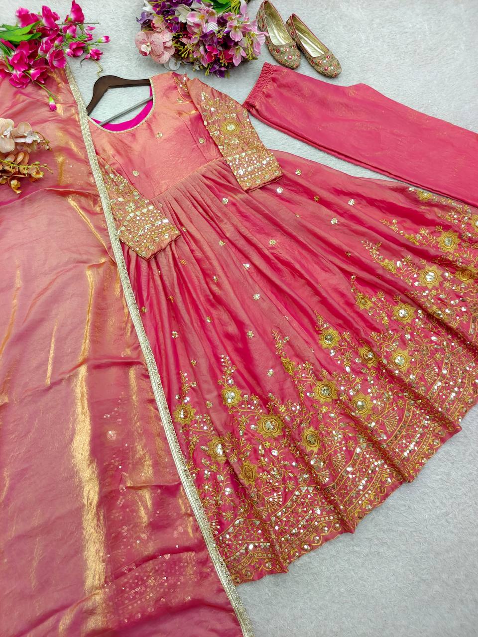 Gorgeous Peach Color Sequence Embroidered Anarkali Gown