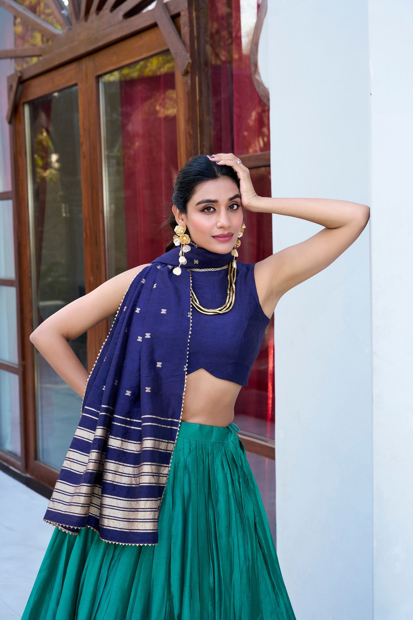 Occasion Wear Green And Blue Color Pure Chanderi Plain With Zari Weaving Work Border Lehenga Choli