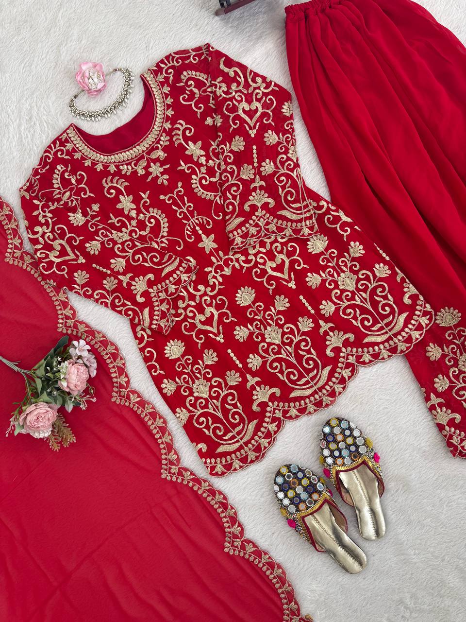Designer Red Color Faux Georgette Thread Embroidered Sharara Suit