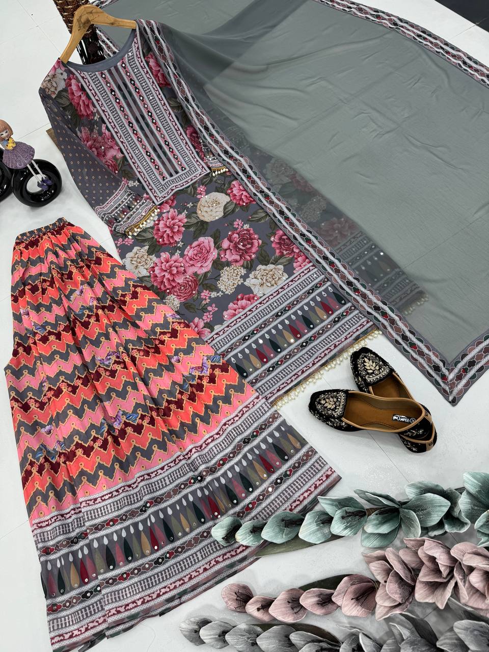 Imposing Multi Color Heavy Faux Georgette Digital Print With Real Mirror Hand Work Palazzo Suit