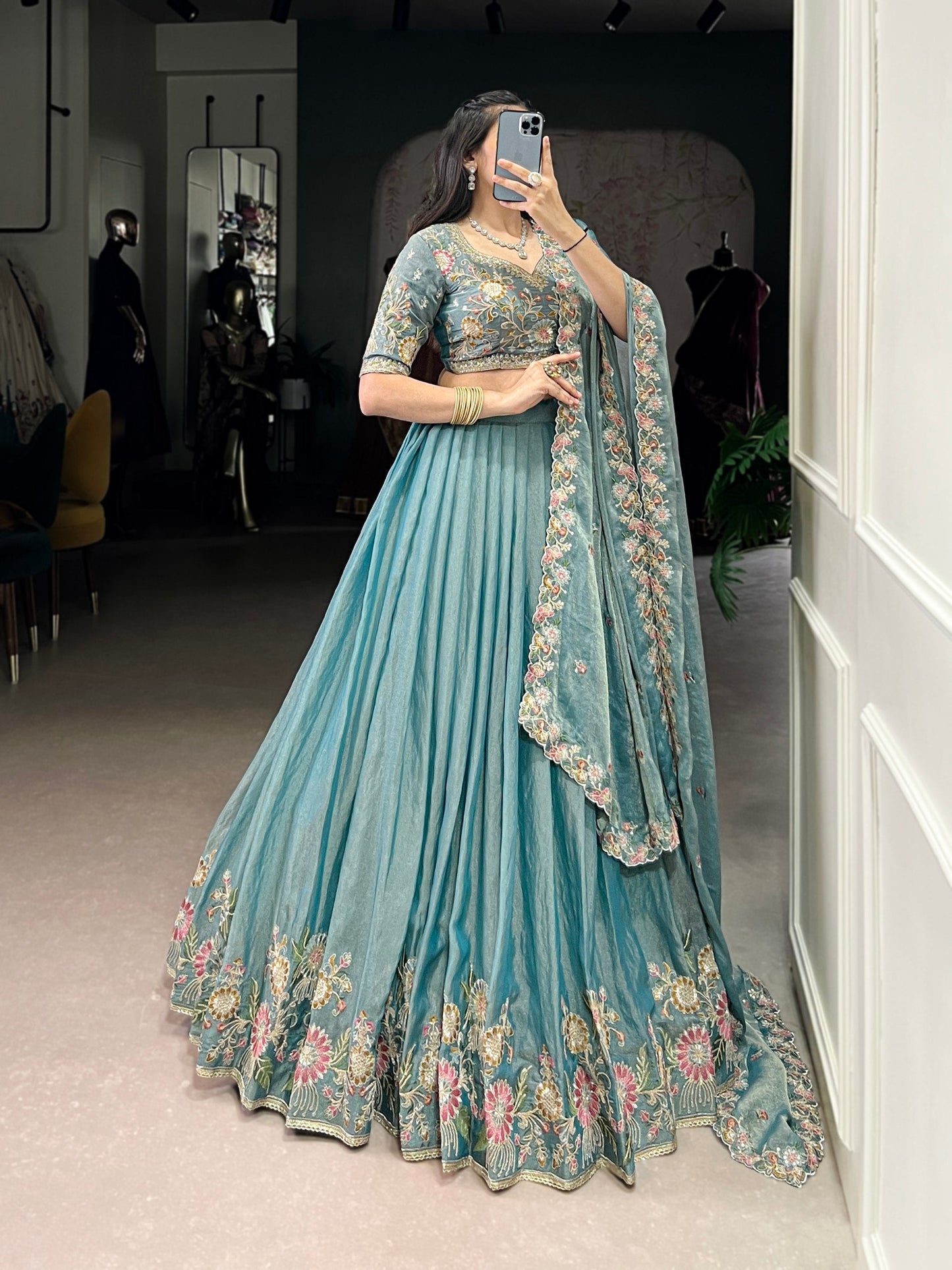 Engagement Wear Light Green Color Zari Shimmer Designer Lehenga Choli