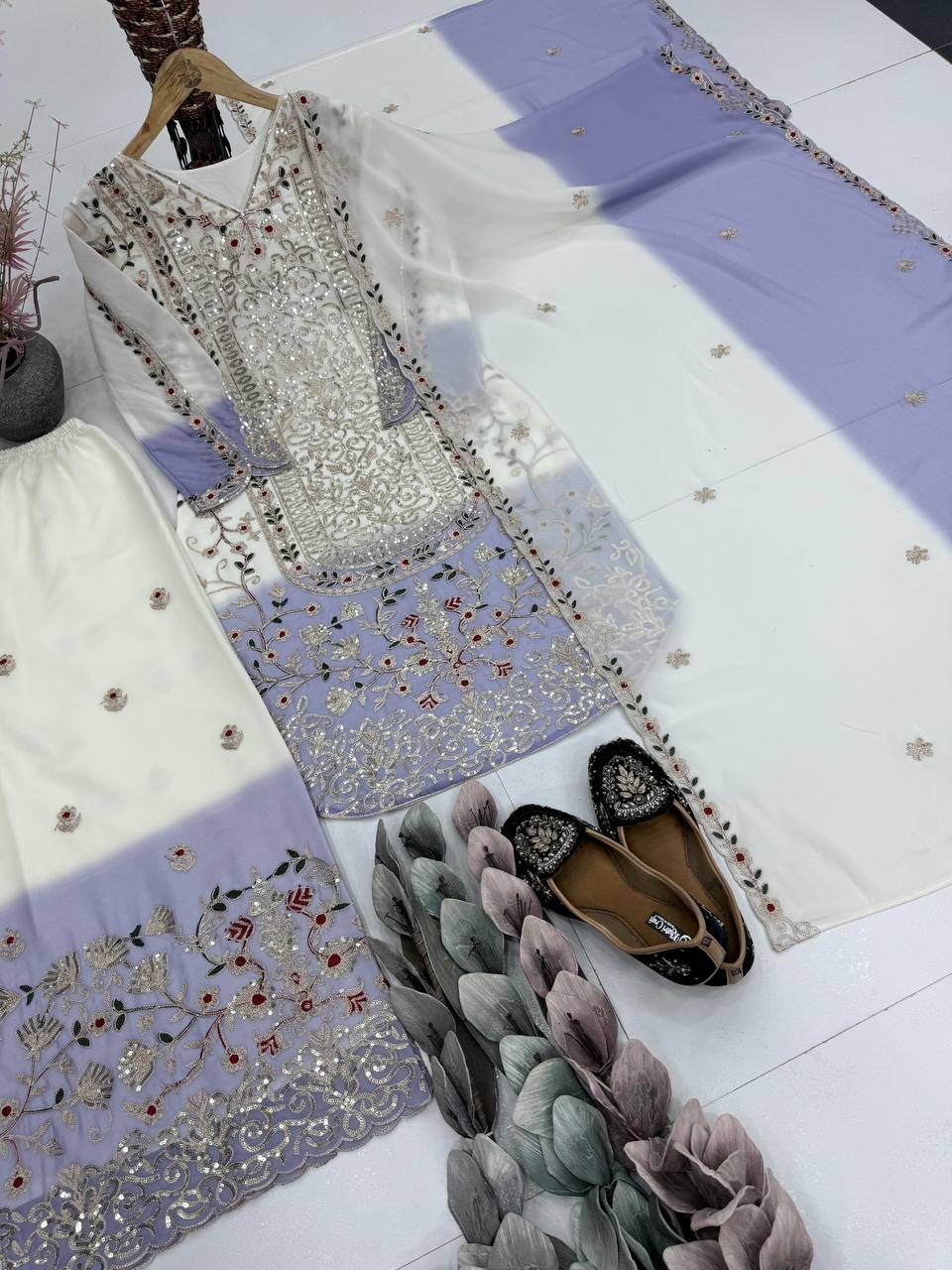 Pretty White Purple Color Sequence Embroidered Palazzo Suit