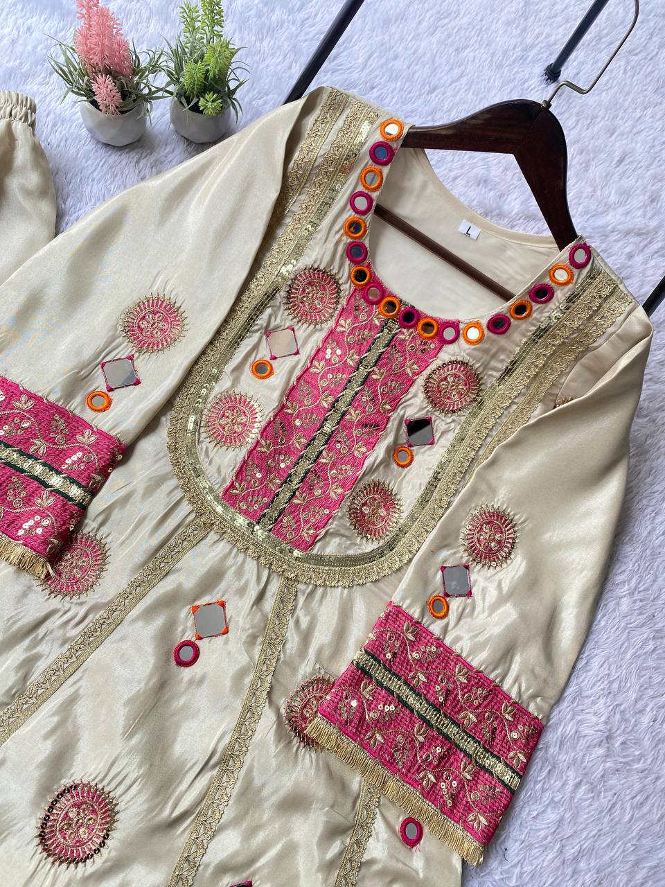 Stylish Beige Color Real Mirror Sequence Embroidered Salwar Suit