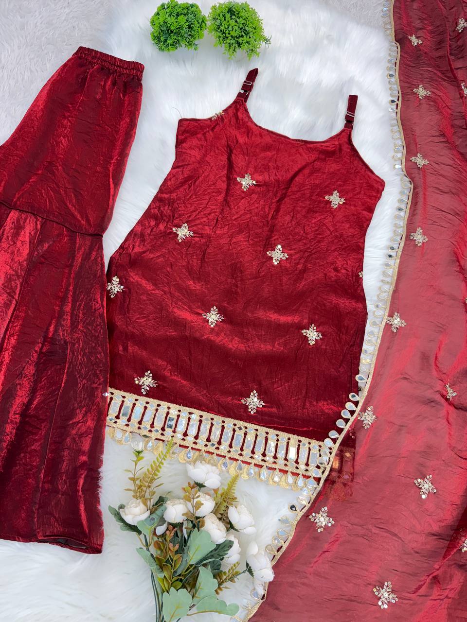 Wedding Wear Red Color Sequence Embroidered Sharara Suit