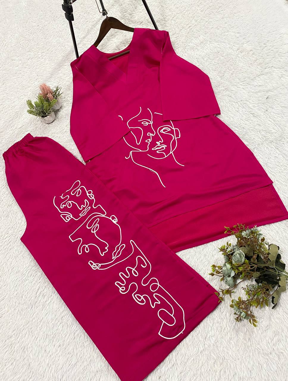 Elegant Embroidery Roman Silk Pink Color Co-ordset