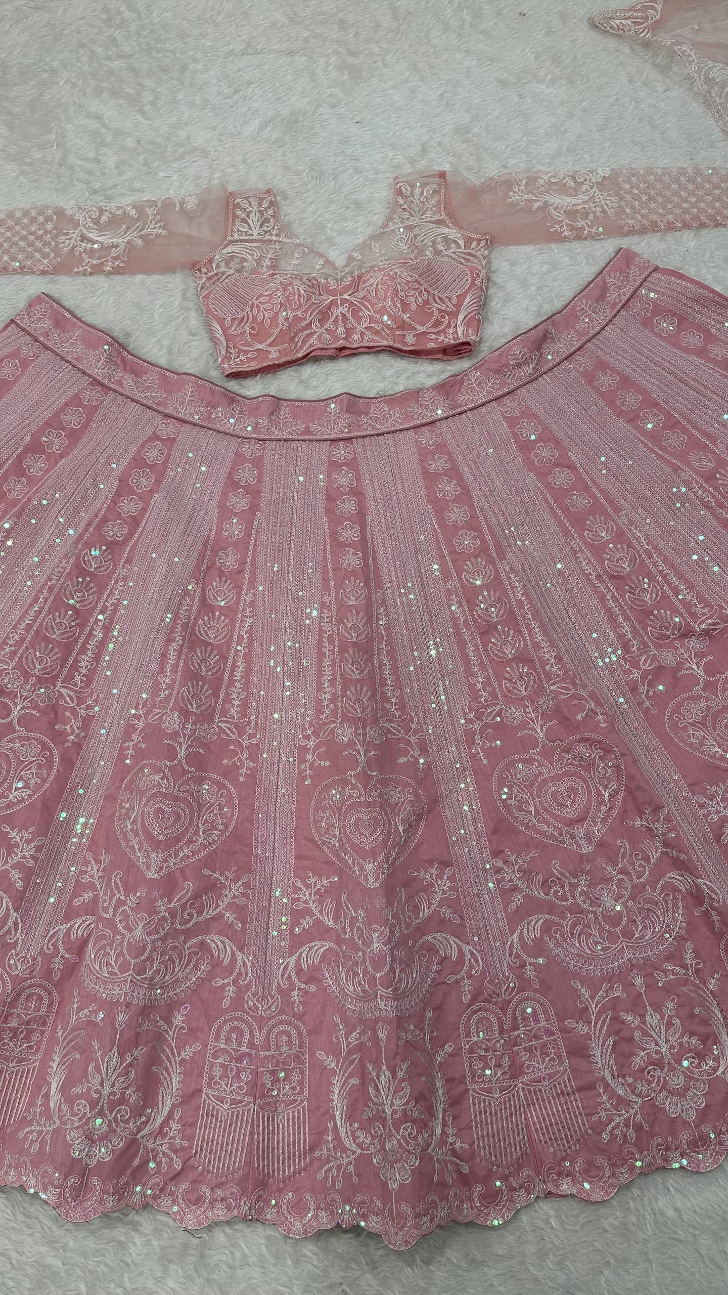 Designer Slub Silk Rainbow Sequins Bride Wear Pink Color Lehenga Choli