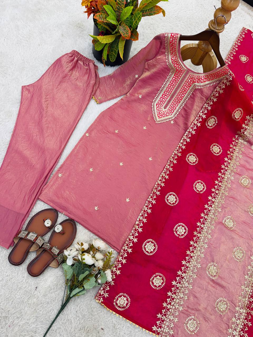 Elegant Pink Color Embroidery Sequence Work Salwar Suit