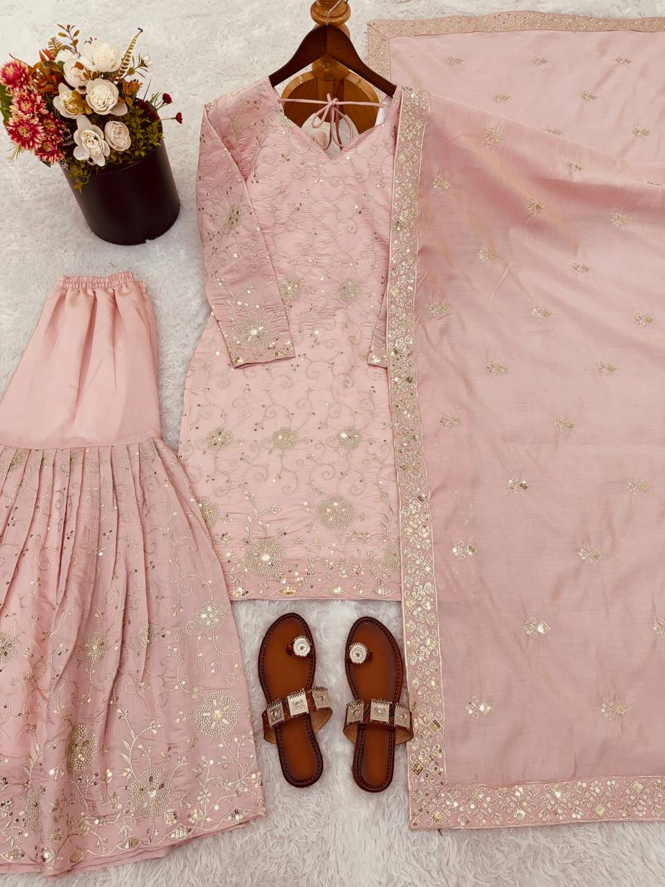 Dusty Peach Color Heavy Simar Silk Yankita Kapoor Wear Sharara Suit Set