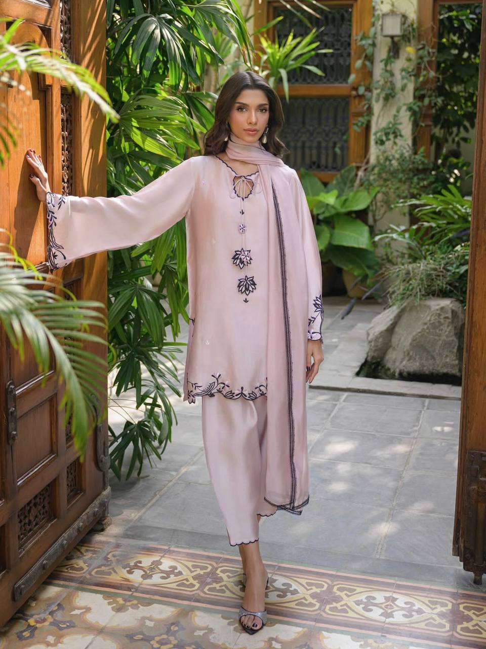 Wedding Wear Dusty Peach Color Thread Embroidered Farshi Pant Set