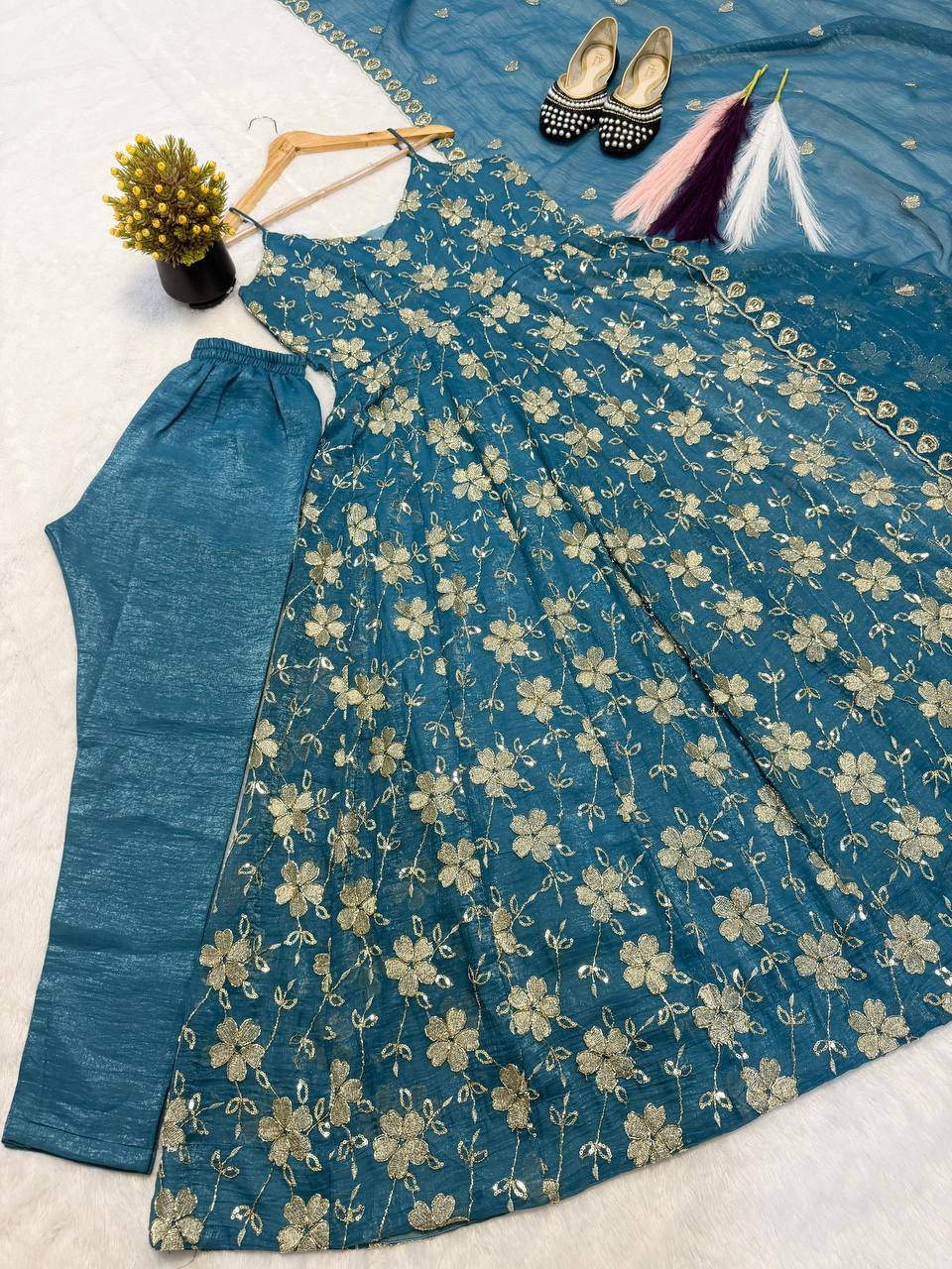 Wedding Wear Sky Blue Color Silk Hand Beads Embroidered Anarkali Set