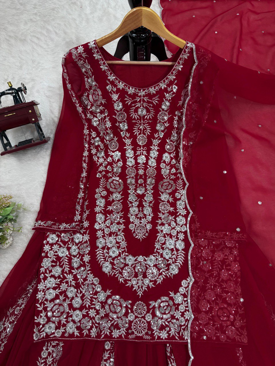 Party Wear Maroon Color Faux Georgette And Thread With Sequence Work Beautiful Palazzo Suit