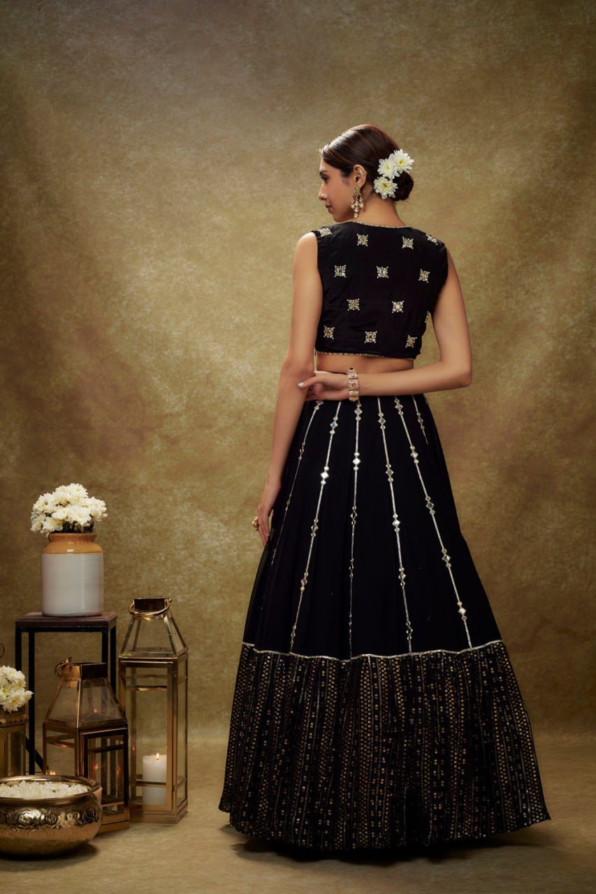 Embellished Black Color Zari Paper Mirror Work lehenga Choli