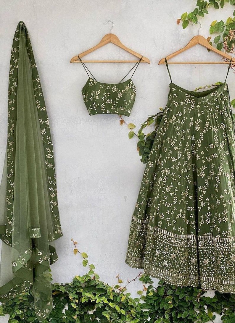Shining Green Color Faux Georgette Zari Embroidered Work Lehenga Choli