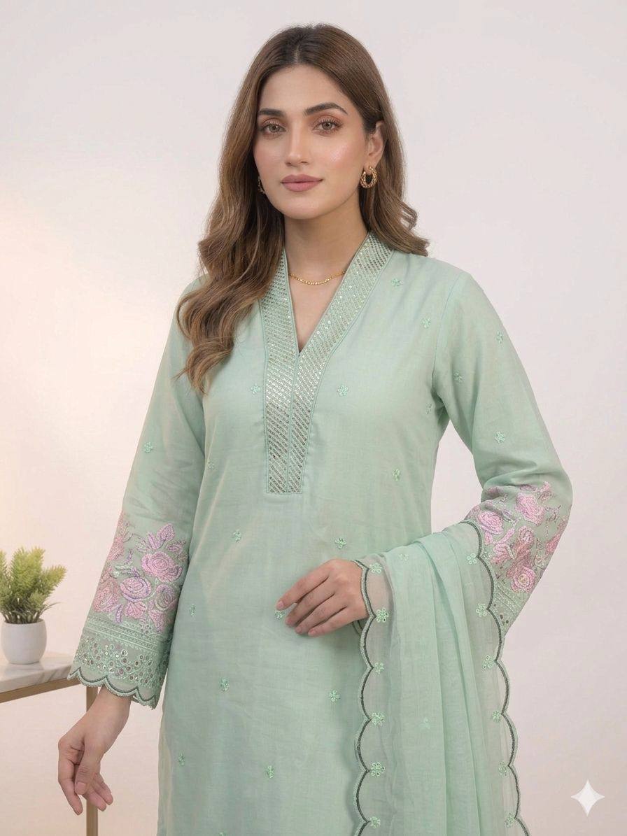 Party Wear Green Color Mal Chanderi Sequence Embroidered Palazzo Suit