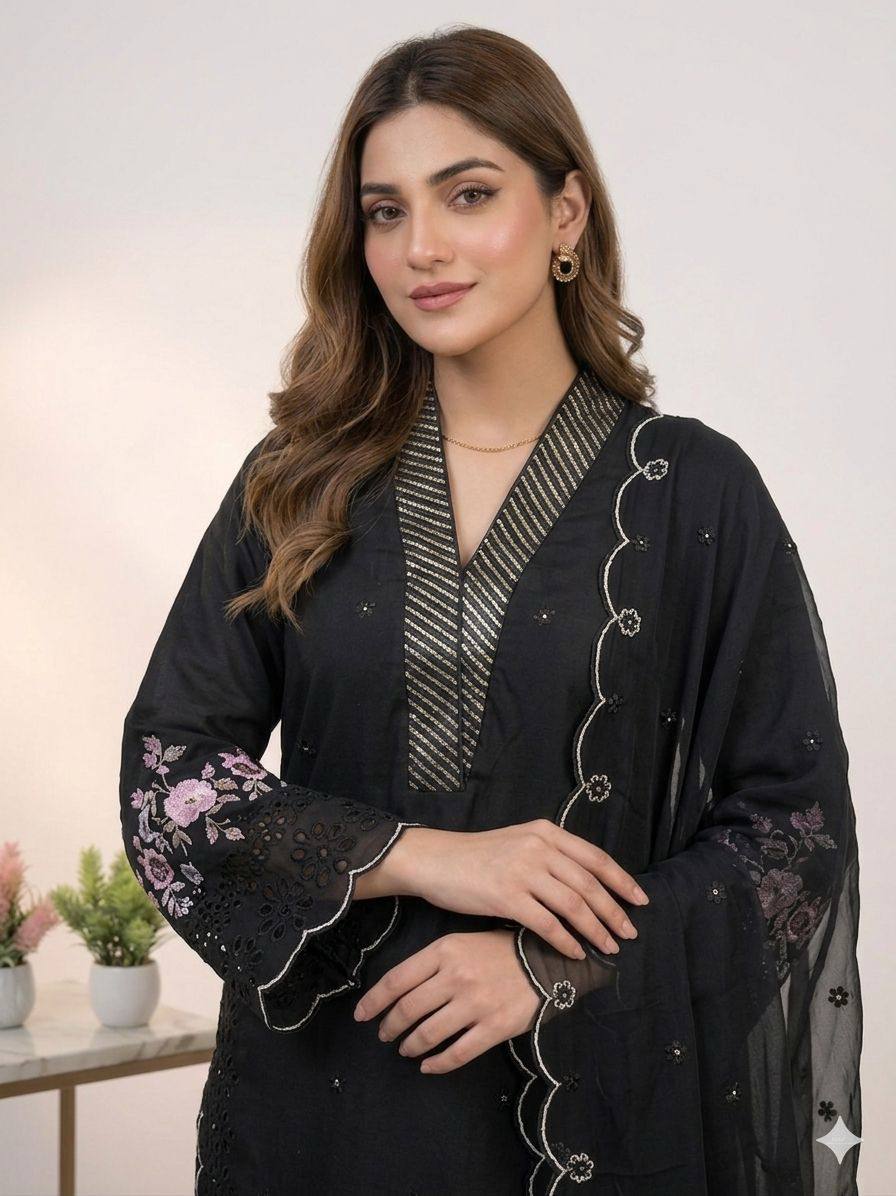 Party Wear Black Color Mal Chanderi Sequence Embroidered Palazzo Suit
