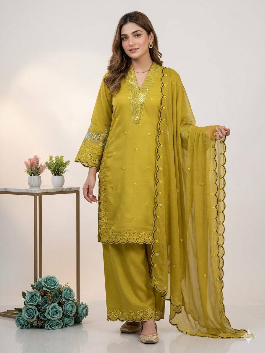 Party Wear Mustard Color Mal Chanderi Sequence Embroidered Palazzo Suit