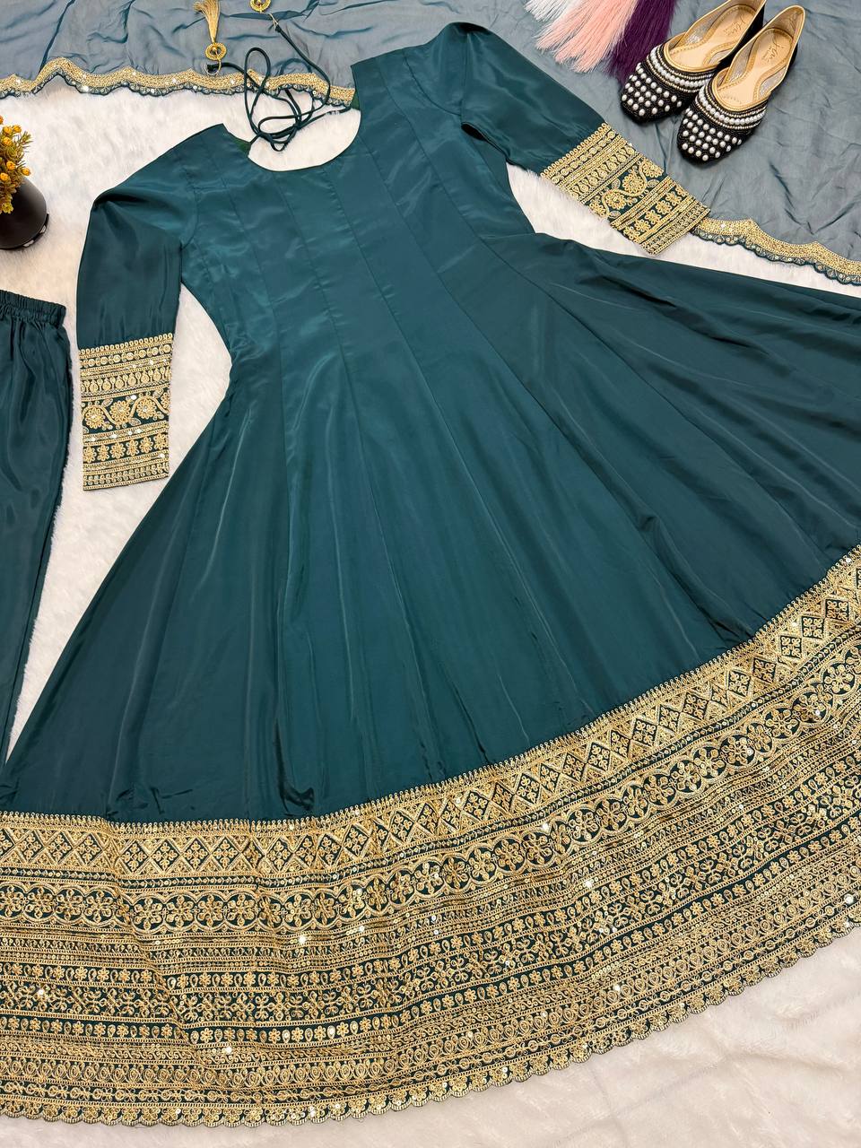 Arti Chauhan Wear Teal Green Color Sequence Cording Embroidered Anarkali Suit
