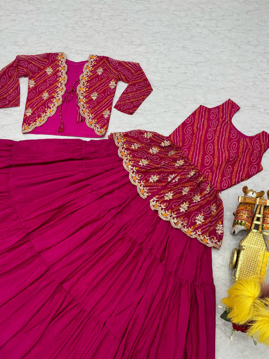 Charming Pink Color Bandhej Top With Lehenga With Koti