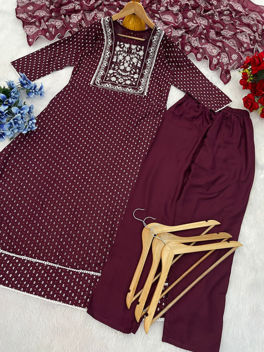 Charming Reyon With Foil Print Wine Color Anarkali Suit