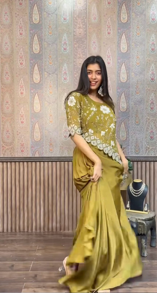 Trendy Sequence Work Mehndi Color Top With Skirt