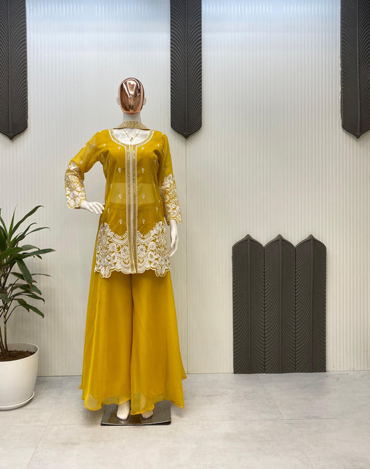 Glimmering Sequence Embroidery Work Yellow Color Palazzo Suit