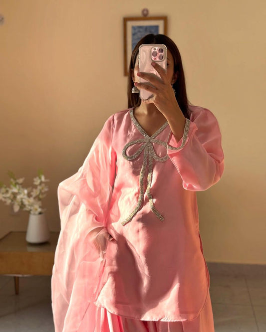 Marvelous Beads Work Peach Color Salwar Suit